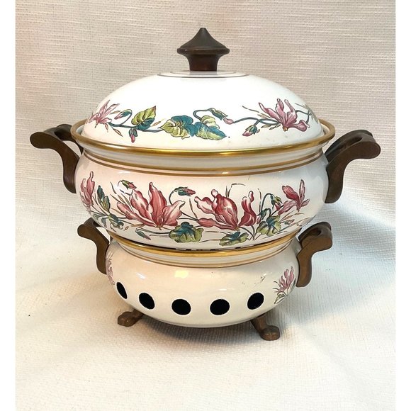 Vintage Fondue Pot With Burner Beautiful Floral Pattern Collectable Enamelware - Picture 13 of 15